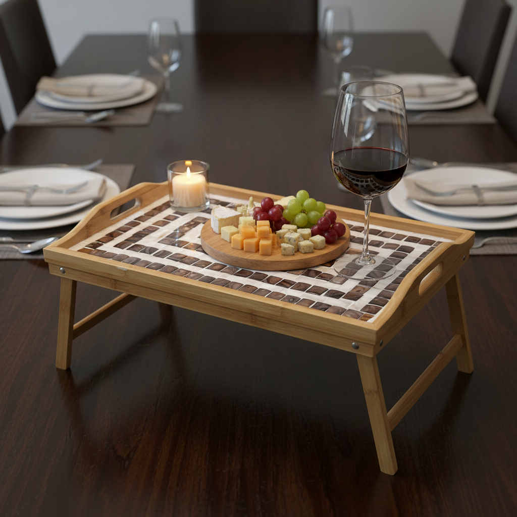 Rustic bamboo bed tray with stone mosaic inlay, ideal for breakfast or serving, crafted by My Store.