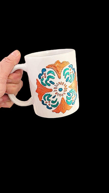 Colorful handpainted coffee mugs with floral designs from My Store, showcasing vibrant patterns on ceramic mugs.