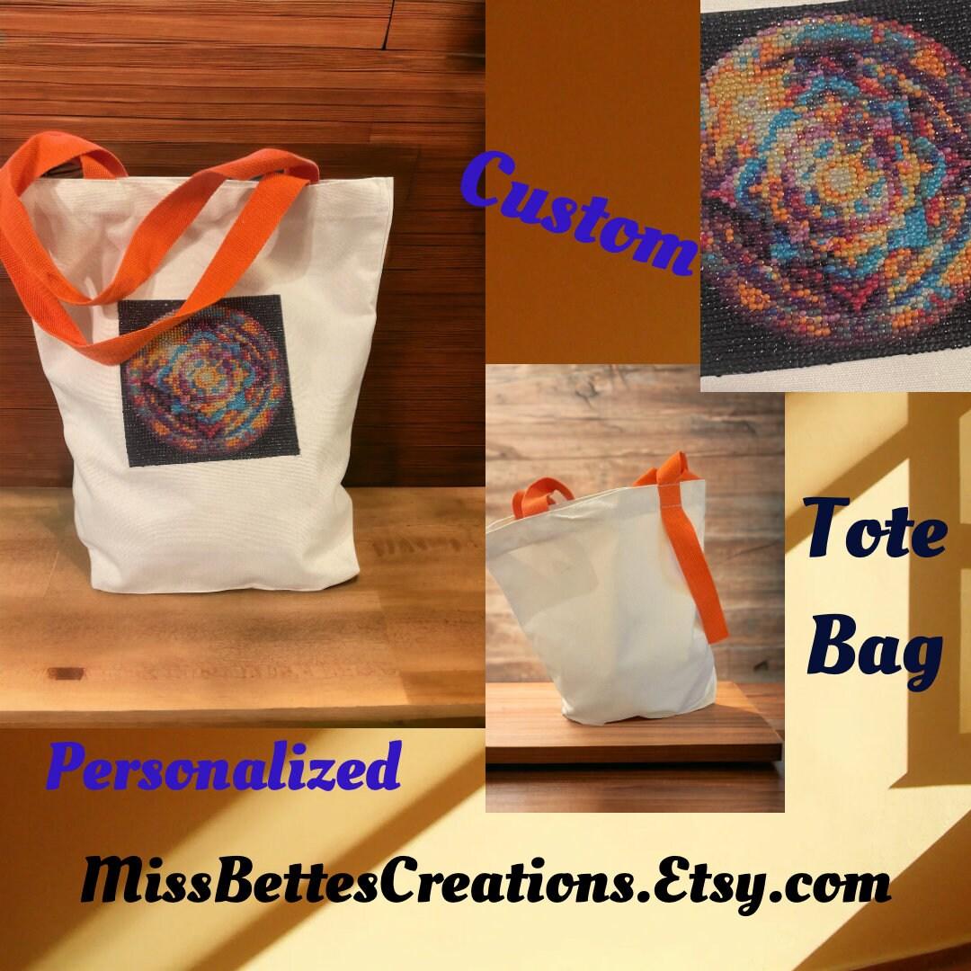 Handmade diamond art mandala design on canvas tote bag, featuring intricate colorful geometric patterns for everyday use.