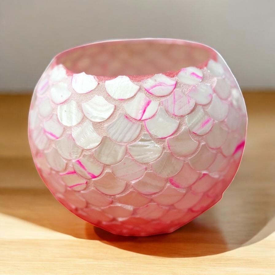 Handcrafted pink ombre mosaic bowl with scalloped edges, showcasing intricate tile patterns and vibrant colors.