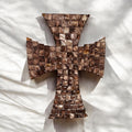 Mother of Pearl mosaic cross with intricate inlay design, crafted from shimmering pearl tiles, ideal for wall decor.
