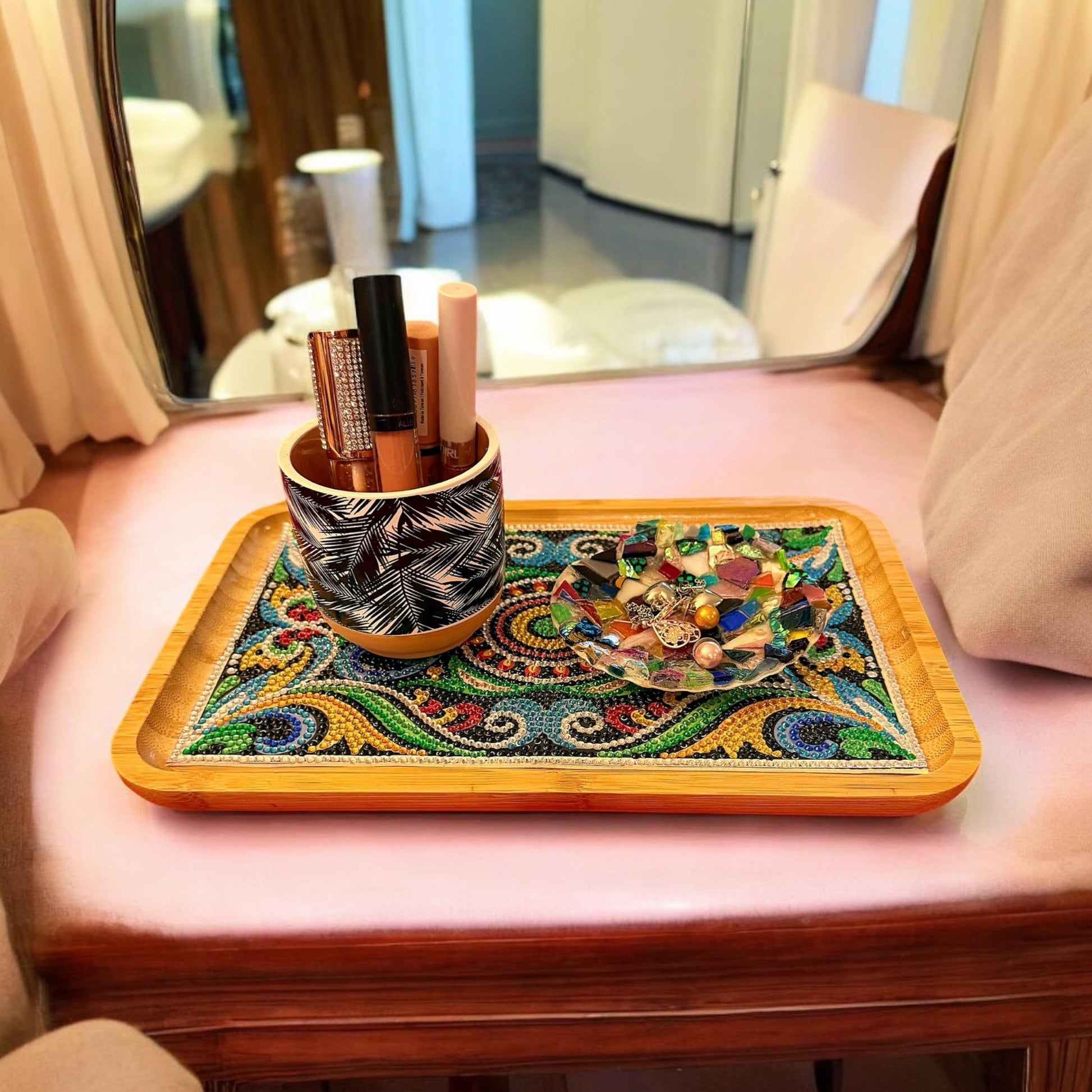 Handcrafted diamond art bamboo serving tray with intricate design and natural wood finish, ideal for serving and decorative use.