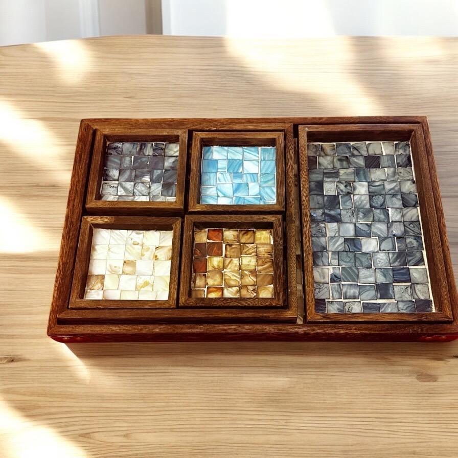 Multicolor cascade decorative wood tray with layered design, ideal for home decor and stylish organization.