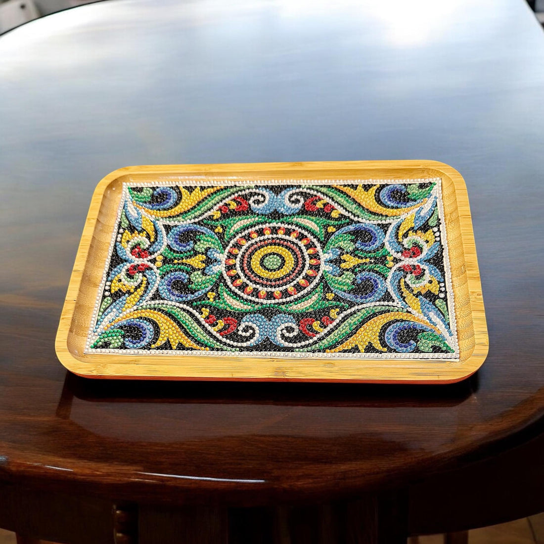 Handcrafted diamond art bamboo serving tray with intricate diamond design and natural wood finish.