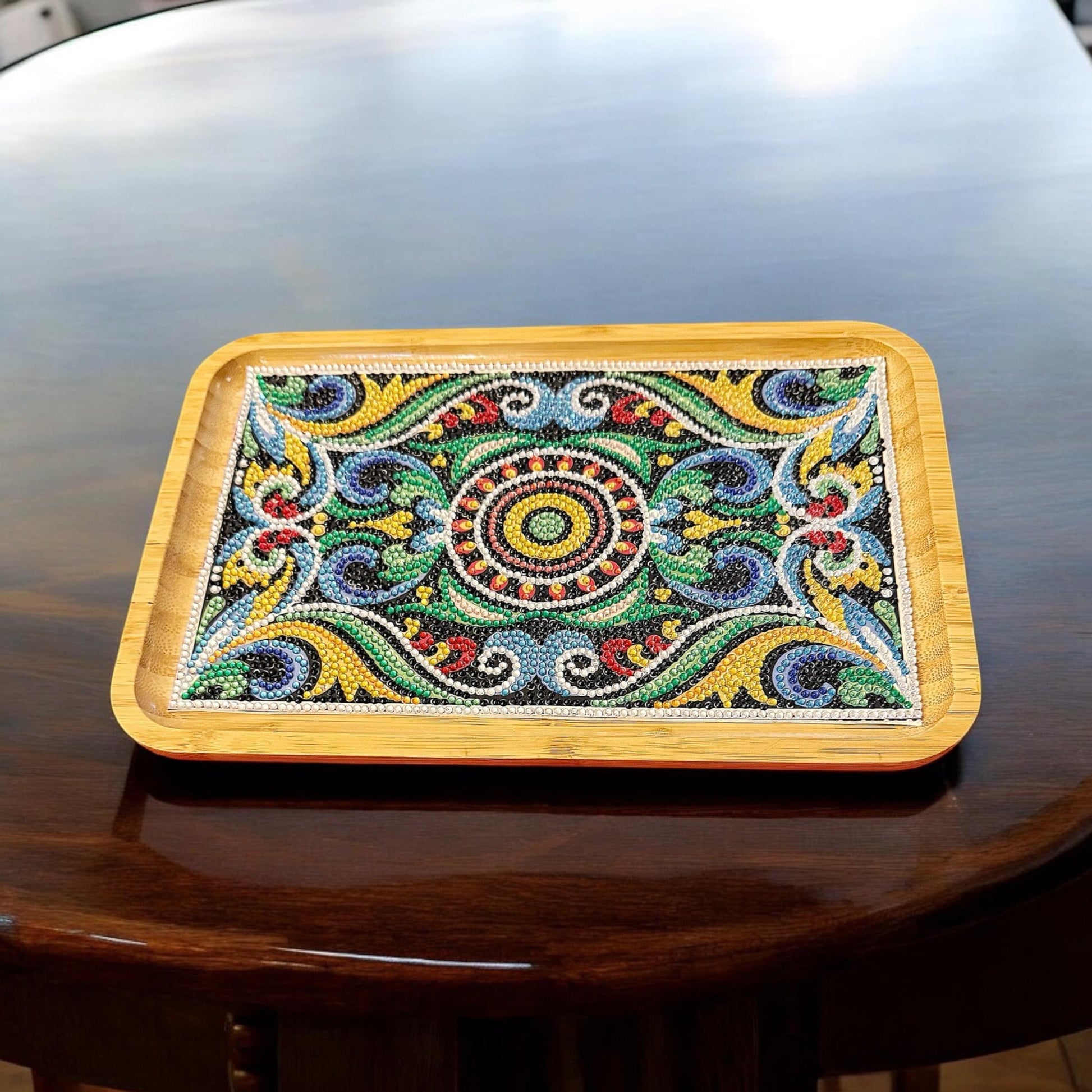 Handcrafted diamond art bamboo serving tray with intricate diamond design and natural wood finish.