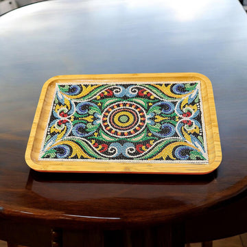 Handcrafted diamond art bamboo serving tray with intricate diamond design and natural wood finish.