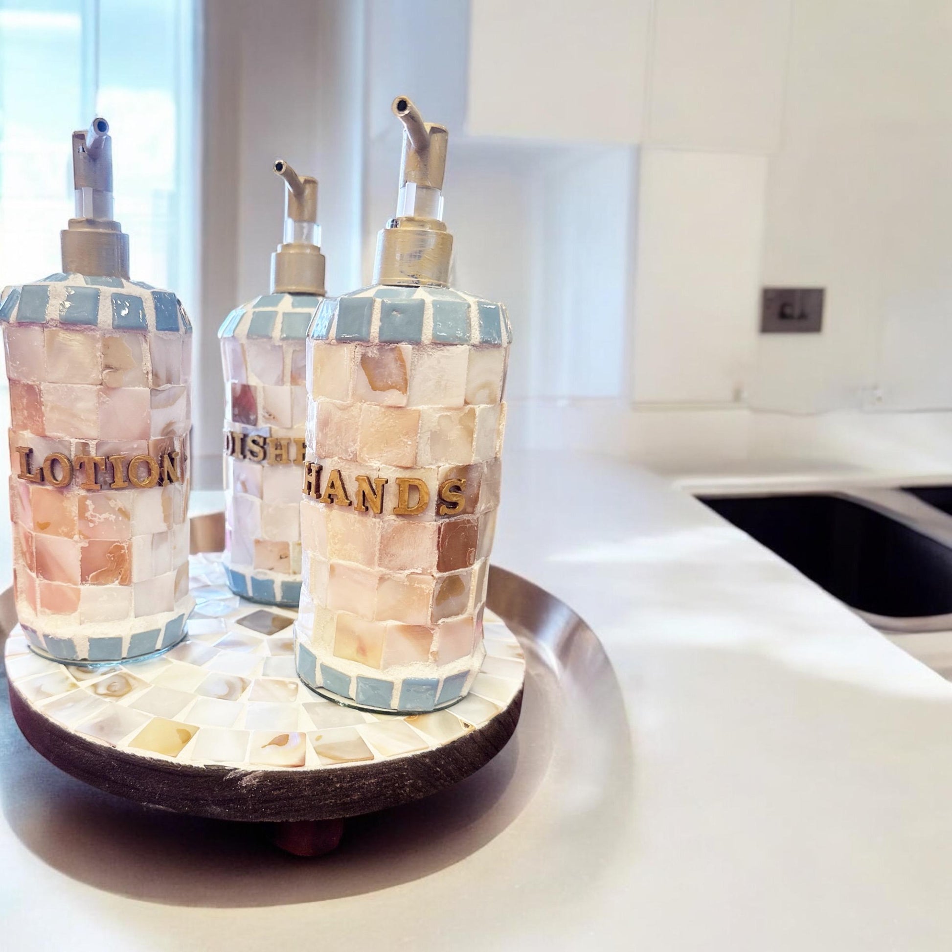 Handmade iridescent mother of pearl mosaic soap with shimmering, colorful pattern and intricate design.