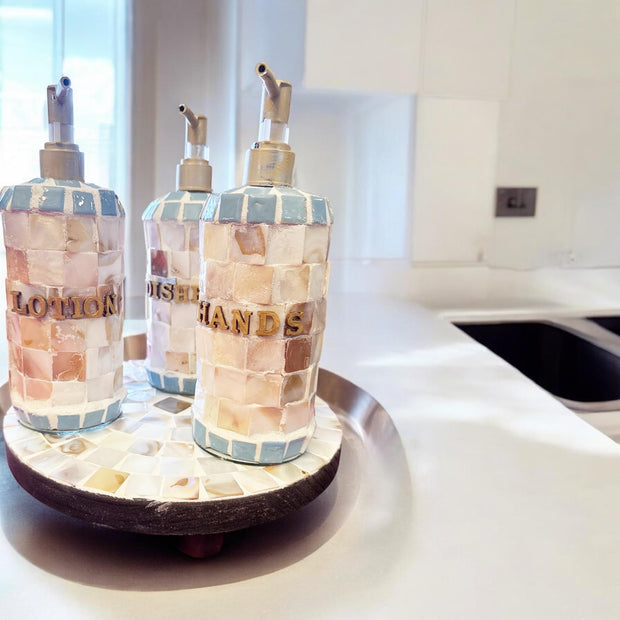 Mother of Pearl Mosaic | Lotion Dispenser | Soap Dispenser | Soap Bottle Decor | Kitchen Pump Bottles | Kitchen Bottle Set | Refillable Pump