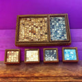 Multicolor cascade decorative wood tray with geometric pattern, ideal for home decor and table display.