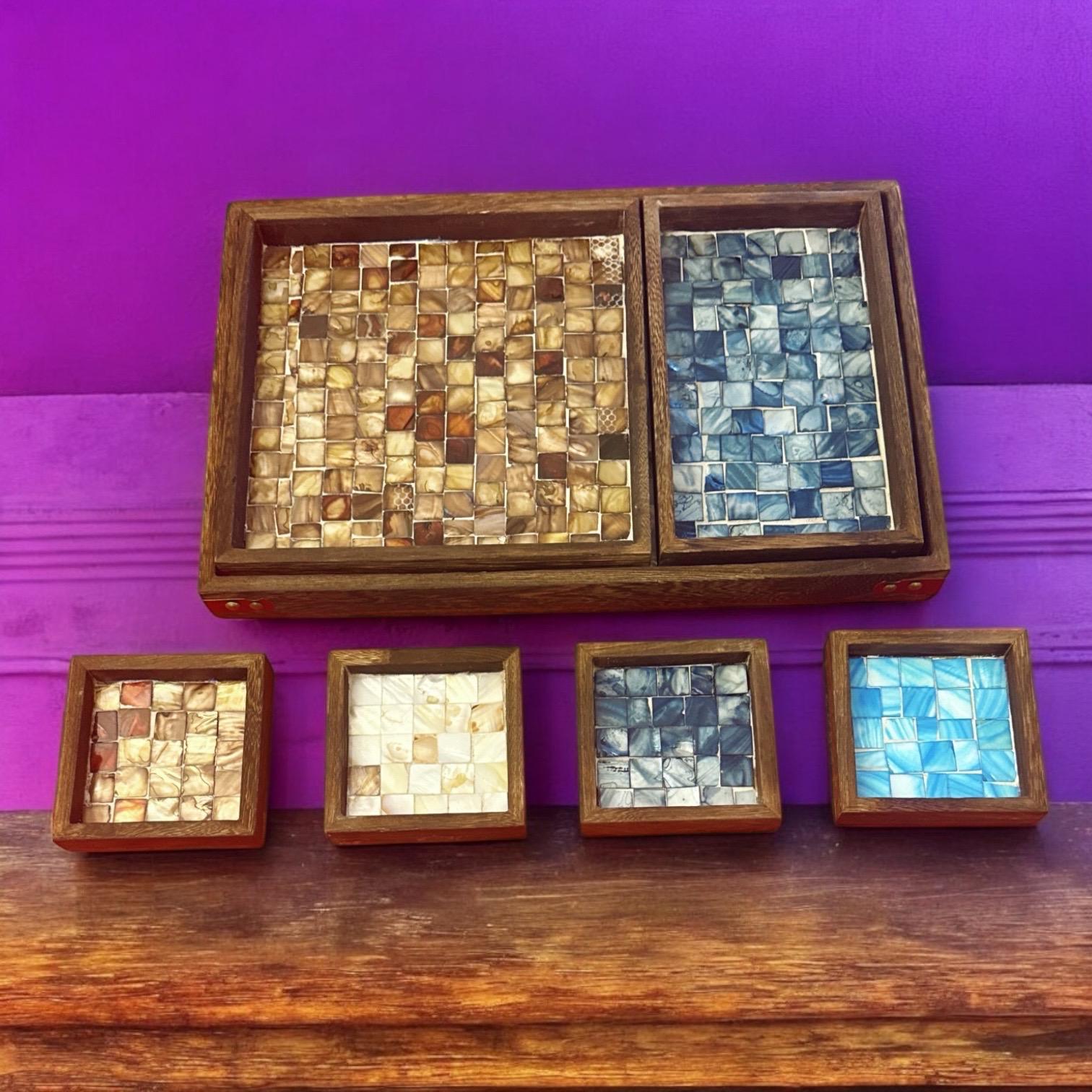 Multicolor cascade decorative wood tray with geometric pattern, ideal for home decor and table display.