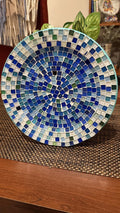 Ocean blue and emerald green mosaic glass plate with intricate pattern, handcrafted by My Store for decorative use.