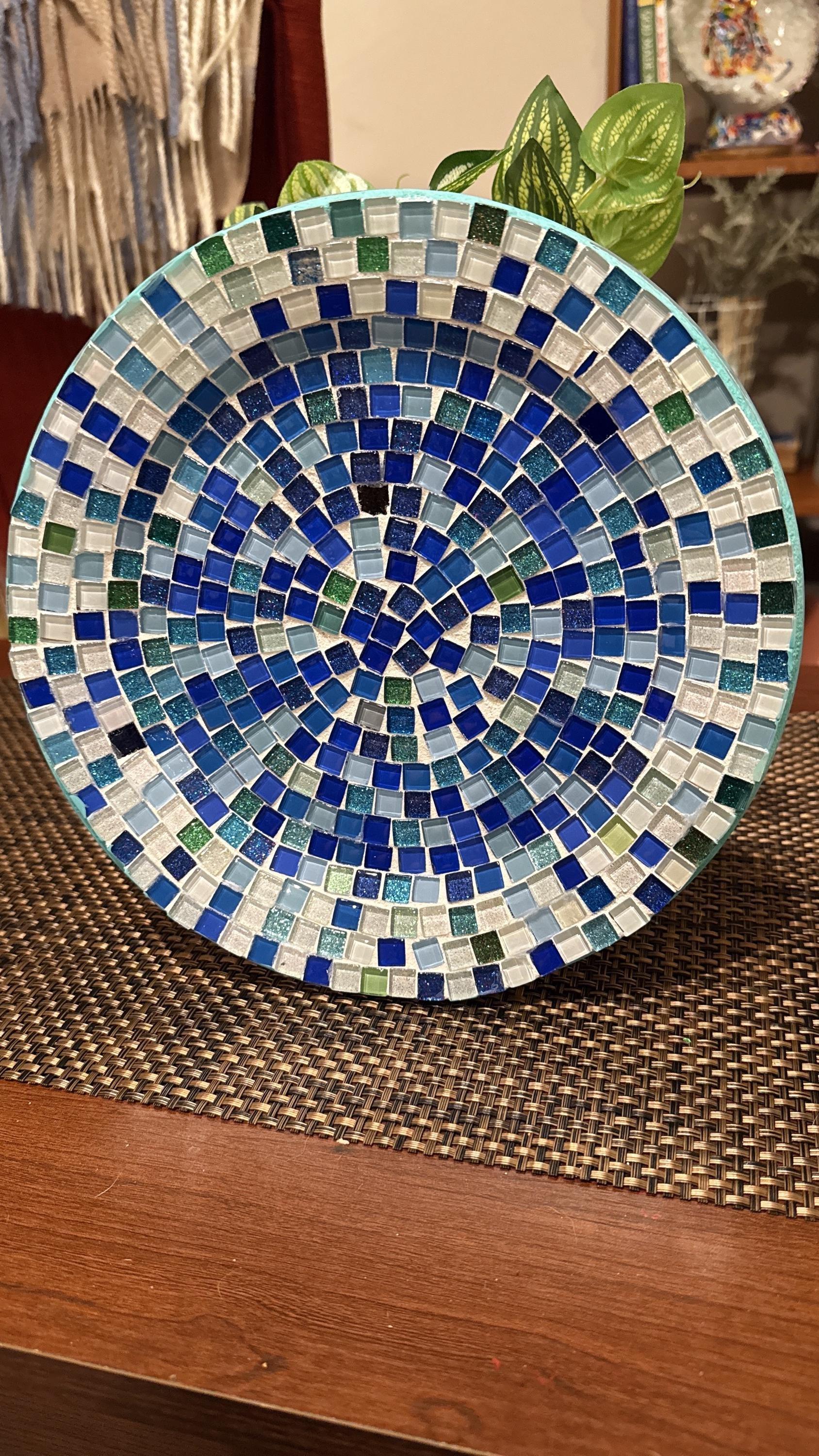 Ocean blue and emerald green mosaic glass plate with intricate pattern, handcrafted by My Store for decorative use.