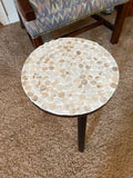 Handmade tall mosaic plant stand with colorful tiled design, perfect for displaying potted plants indoors or outdoors.
