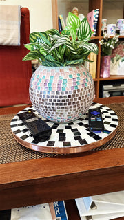 Lazy Susan | Black and White| Mosaic Tray| Wood and Tile Lazy Susan | Rotating Centerpiece