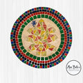 Artisan handcrafted round mosaic decorative plate with colorful tile patterns, perfect for wall decor or display.