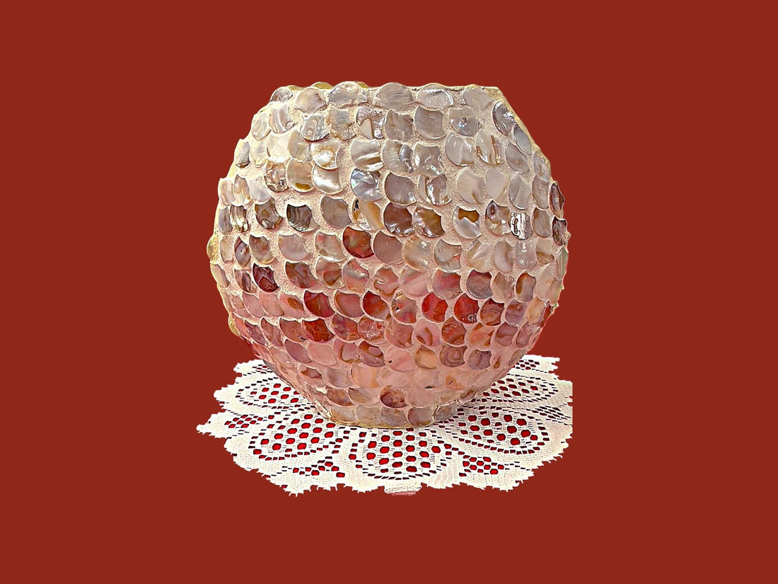 Handcrafted Mother of Pearl mosaic oval vase with intricate detailing, showcasing a beautiful and elegant decorative piece.