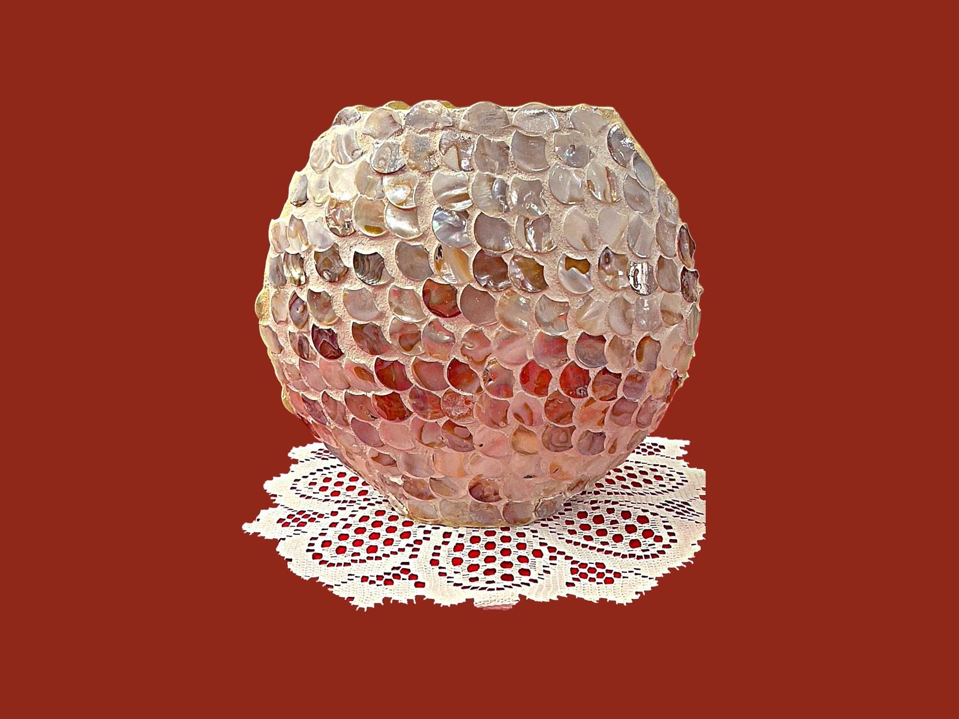 Handcrafted Mother of Pearl Mosaic Oval Vase with intricate iridescent pattern, showcasing elegant craftsmanship and decorative design.