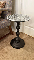 Handmade mosaic round side table with colorful tile design, featuring a sturdy wooden base.