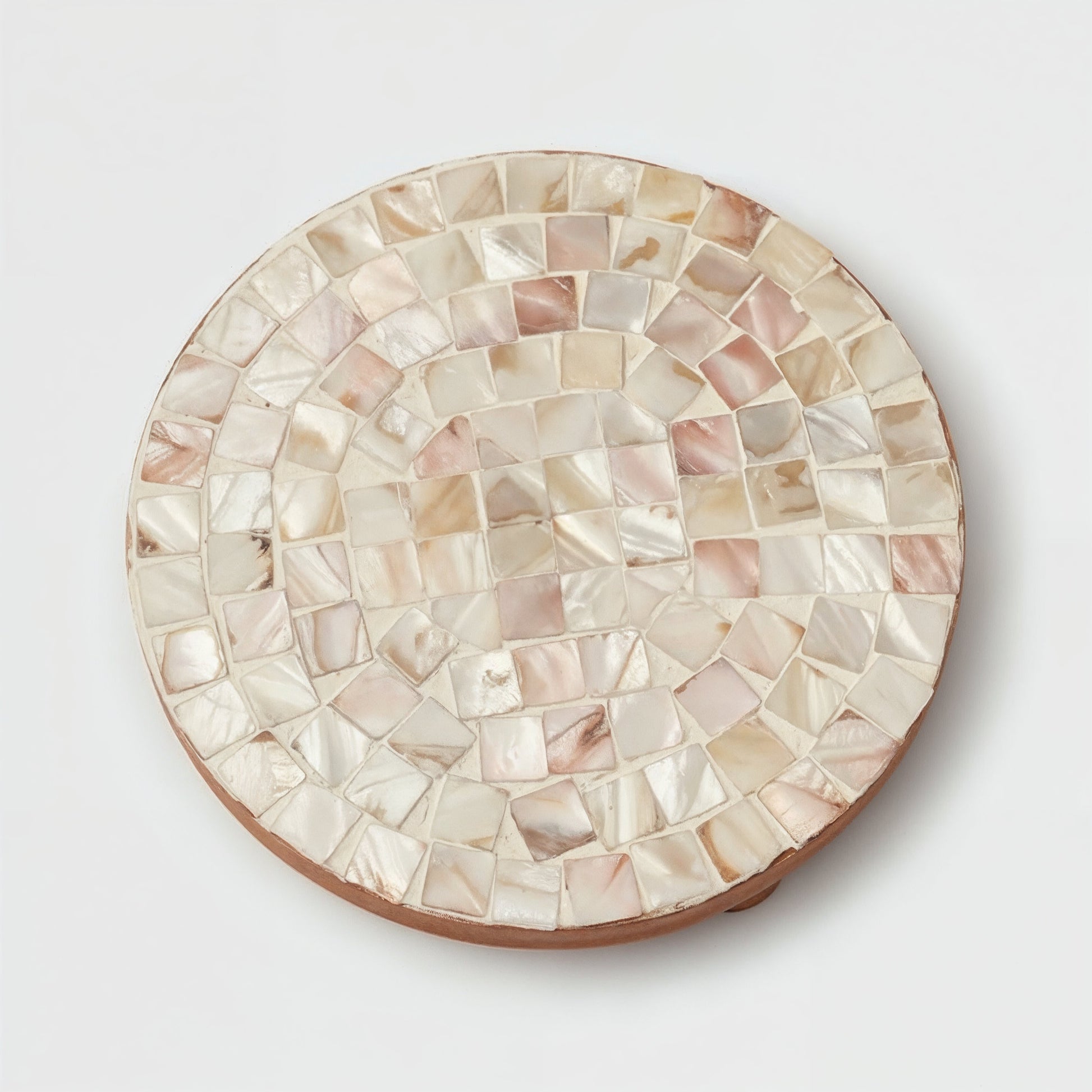 Handmade Mother of Pearl Penny Mosaic Decorative Stand by Miss Bette's Creations, featuring intricate mosaic design and elegant craftsmanship.