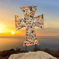 Colorful Mexican mosaic tile Christian wall cross with intricate patterns and vibrant ceramic tiles, ideal for religious decor.