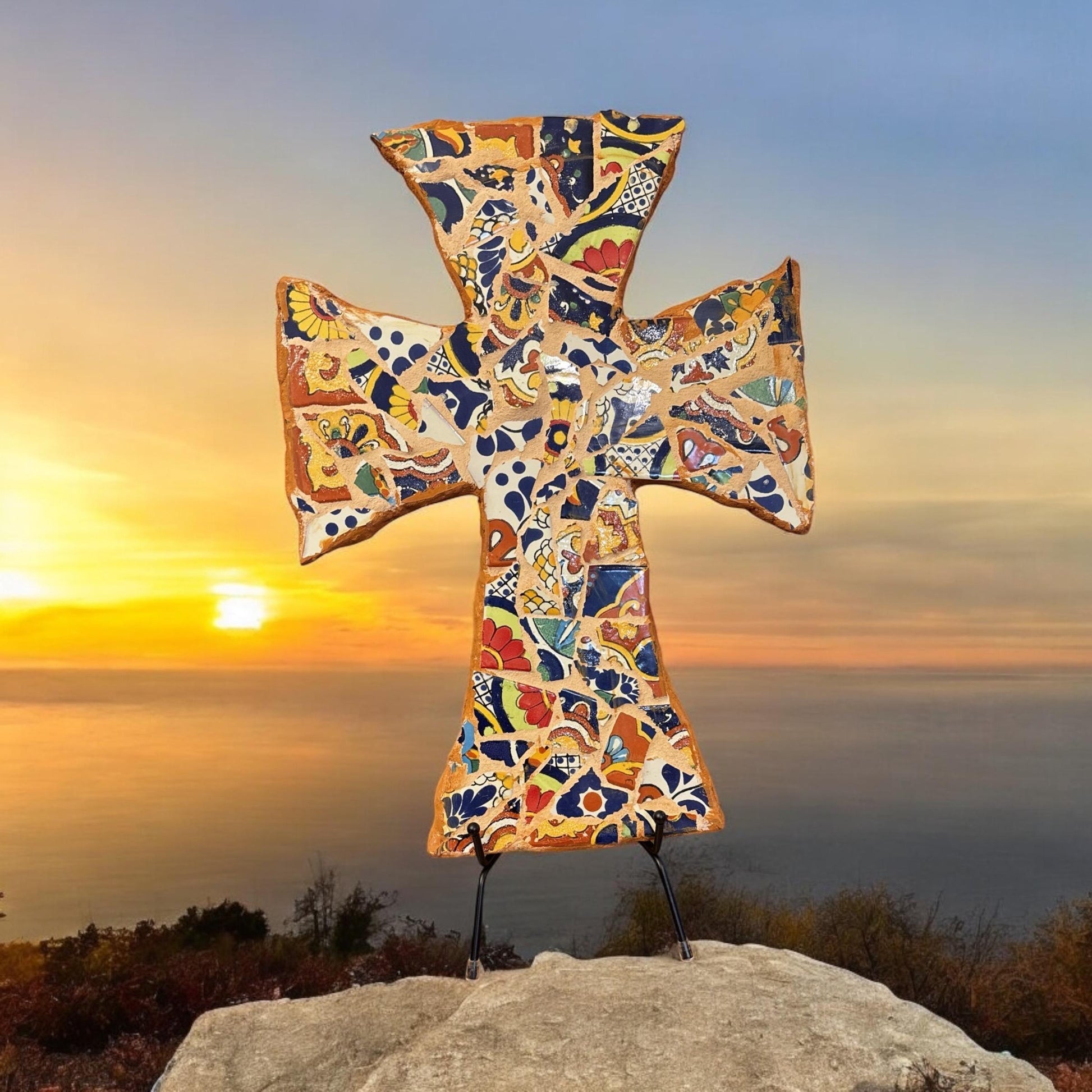 Colorful Mexican mosaic tile Christian wall cross with intricate patterns and vibrant ceramic tiles, ideal for religious decor.