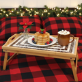 Rustic bamboo bed tray with stone mosaic inlay, featuring handles for breakfast serving and decorative use.