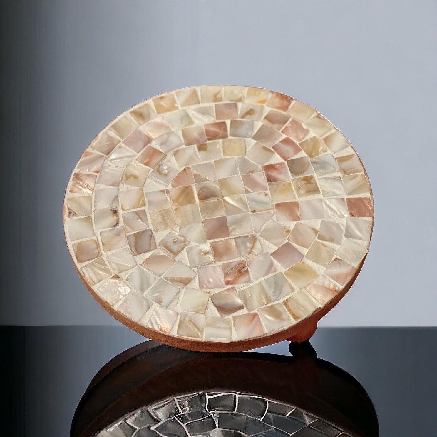 Handmade mother of pearl mosaic plant stand with intricate design, showcasing a stylish and elegant wooden plant holder.
