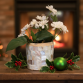 Handcrafted Mother of Pearl mosaic planter by Miss Bette's Creations with intricate pearl tile design and a sturdy ceramic base.