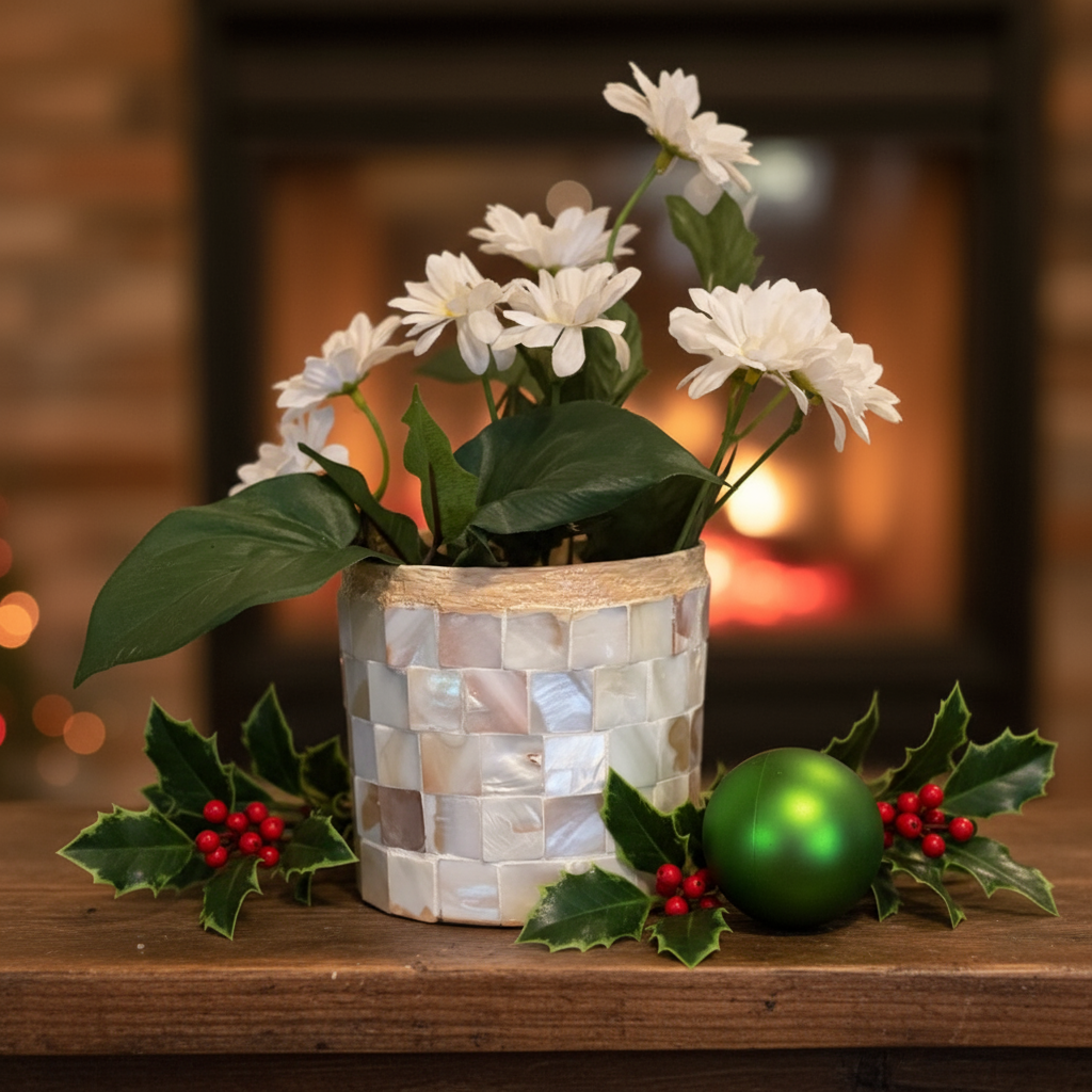 Handcrafted Mother of Pearl mosaic planter by Miss Bette's Creations with intricate pearl tile design and a sturdy ceramic base.