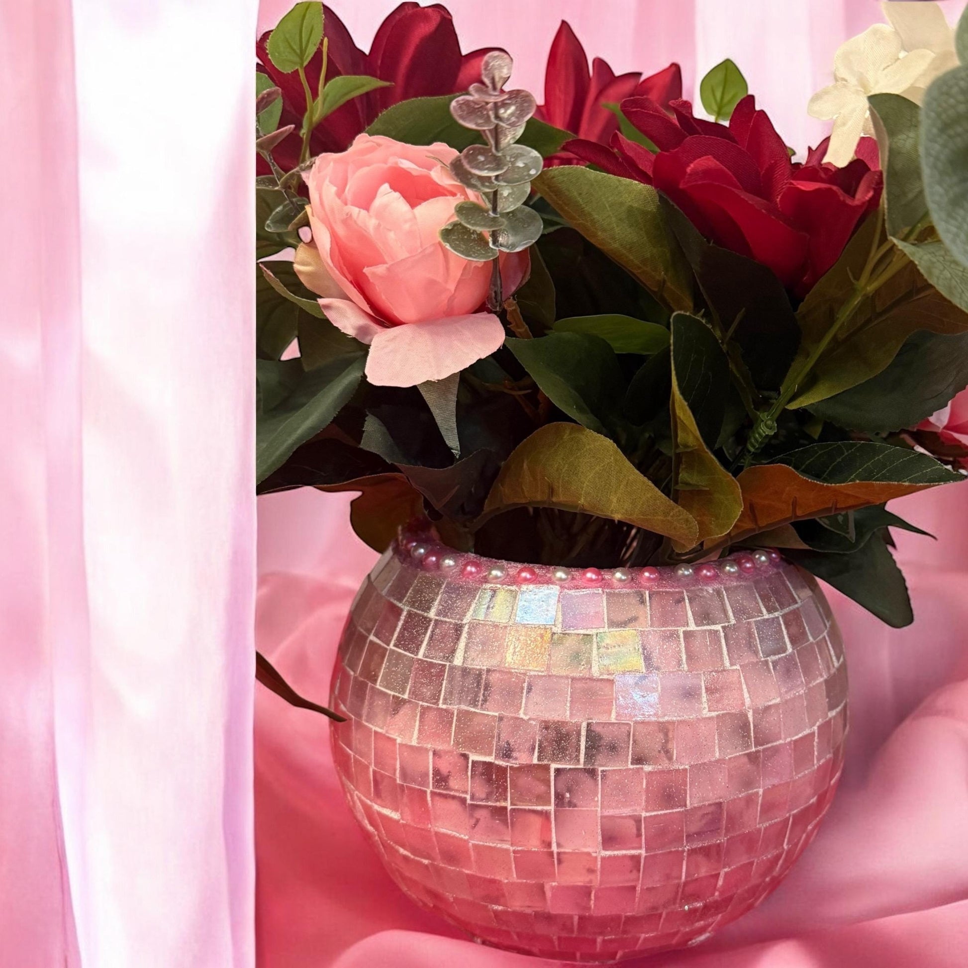 Artisan mauve mosaic globe vase with intricate mosaic patterns, crafted by Miss Bette's Creations.