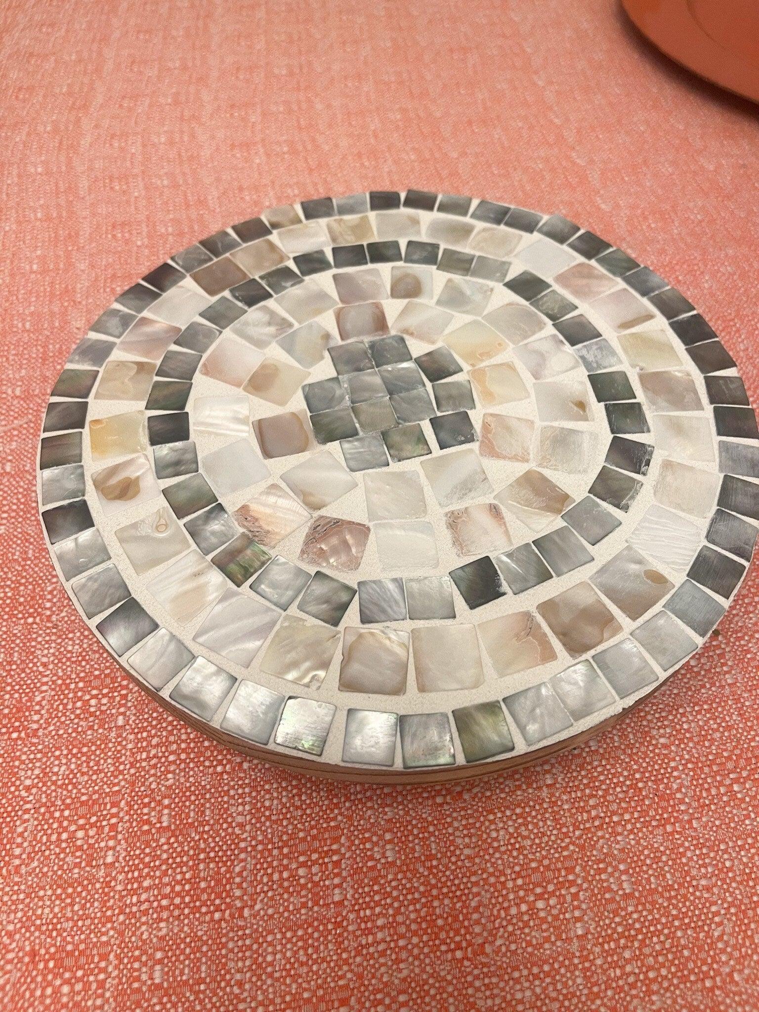 Handcrafted wooden mosaic plant stand with colorful tiled pattern, ideal for indoor or outdoor display of potted plants.