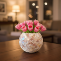 Handcrafted scalloped Capiz-style mosaic bowl with intricate shell pattern, showcasing a beautiful and decorative design.