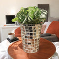 Artificial snake plant in a silver mosaic planter, featuring tall green leaves with realistic texture, by Miss Bette's Creations.