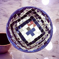 Handcrafted blue and silver mosaic disco bowl with intricate patterns, perfect for decorative or party use.