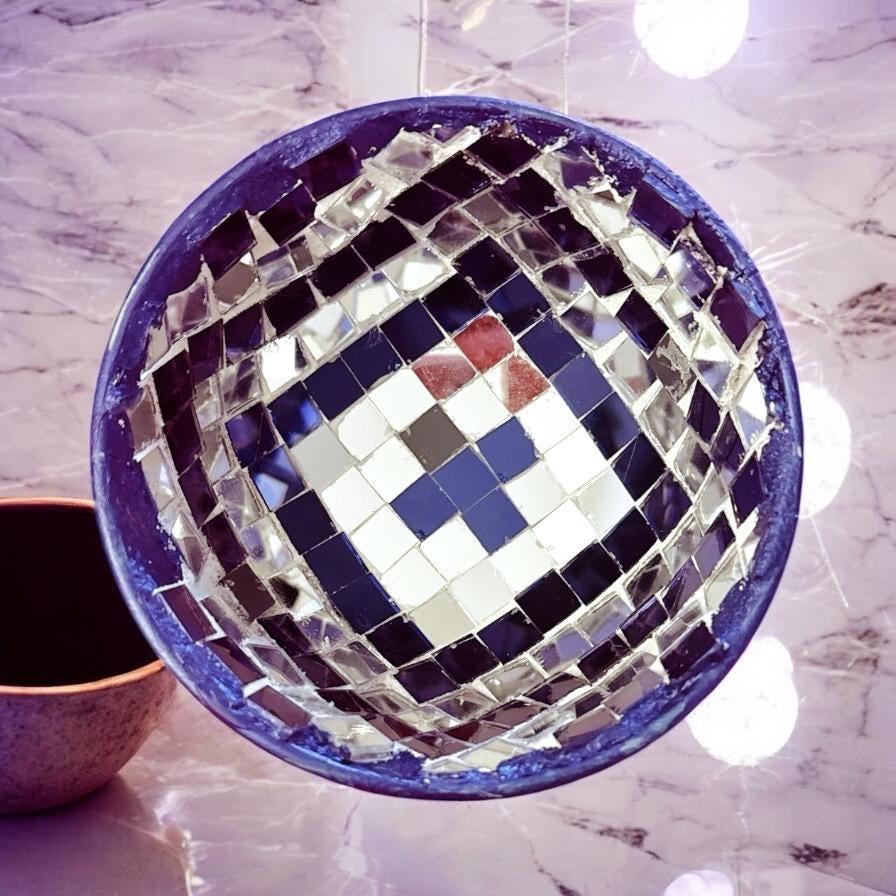 Handcrafted blue and silver mosaic disco bowl with intricate patterns, perfect for decorative or party use.