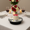 Daisy floral mosaic art cake plate with colorful flower patterns, decorative ceramic dessert plate for special occasions.