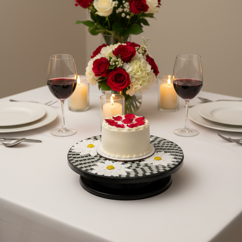 Daisy floral mosaic art cake plate with colorful flower patterns, decorative ceramic dessert plate for special occasions.