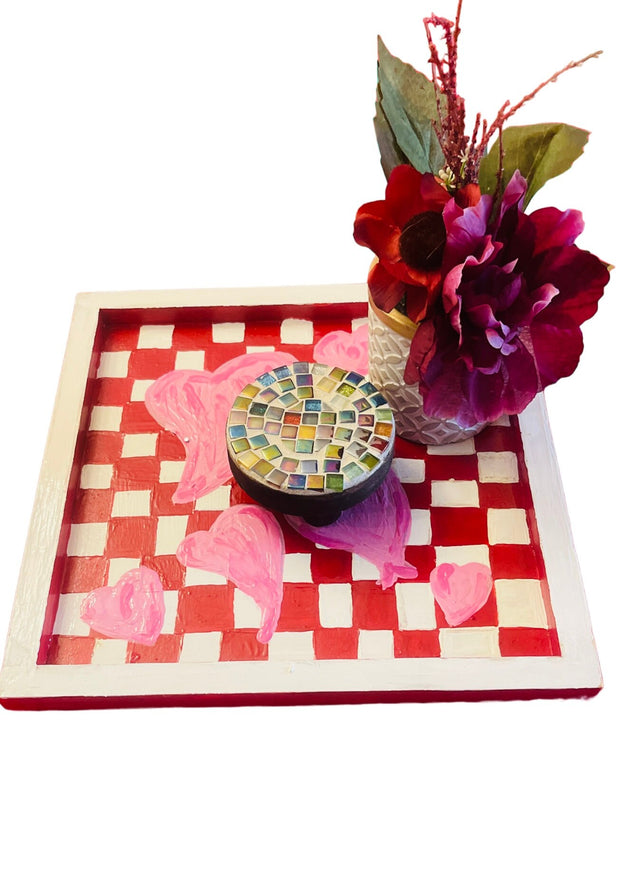 Hand painted Hearts Wooden Checkerboard Coffee Table Tray