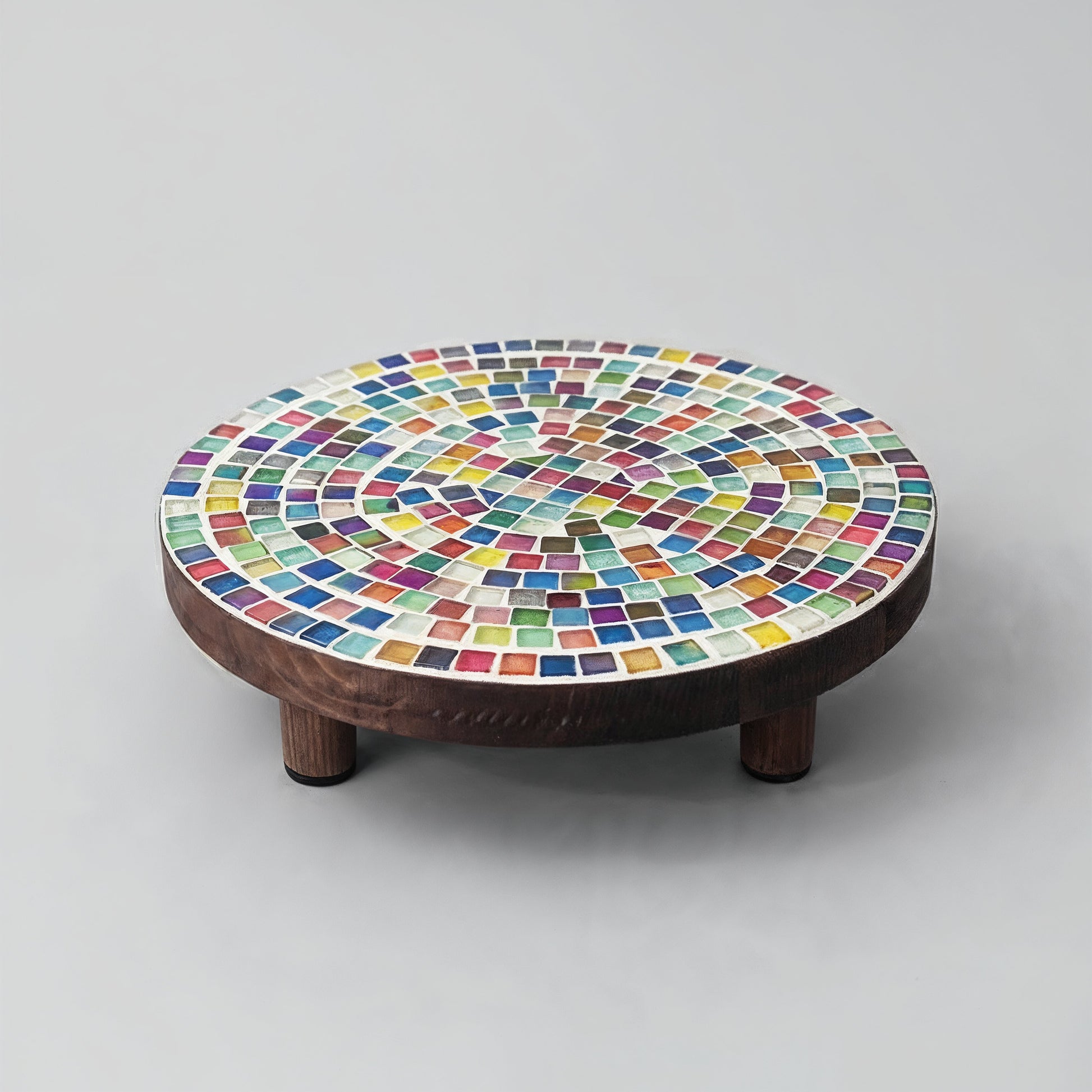 Colorful 10-inch handcrafted rainbow mosaic plant stand by Miss Bette's Creations with vibrant tile patterns and sturdy metal frame.