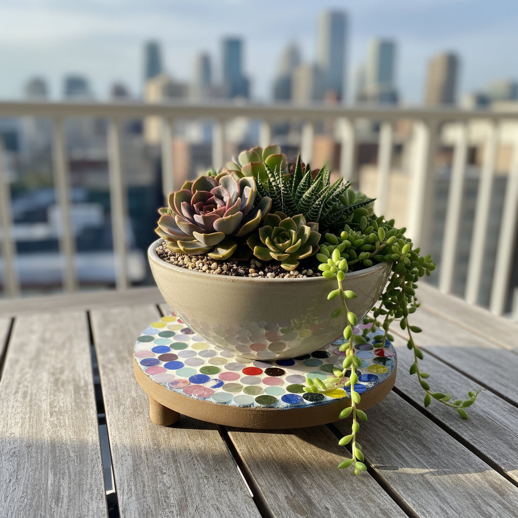 Colorful handcrafted polka dot rainbow mosaic plant stand by Miss Bette's Creations with vibrant tile patterns and sturdy design.
