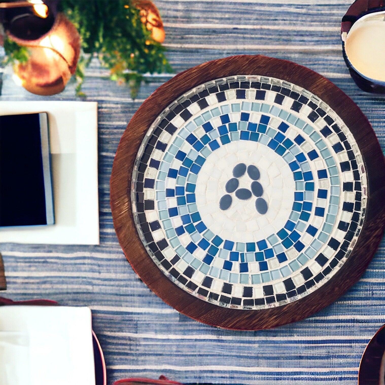 Grecian Blue Geometric Mosaic Wall Art with intricate blue and white tile patterns for elegant home decor.