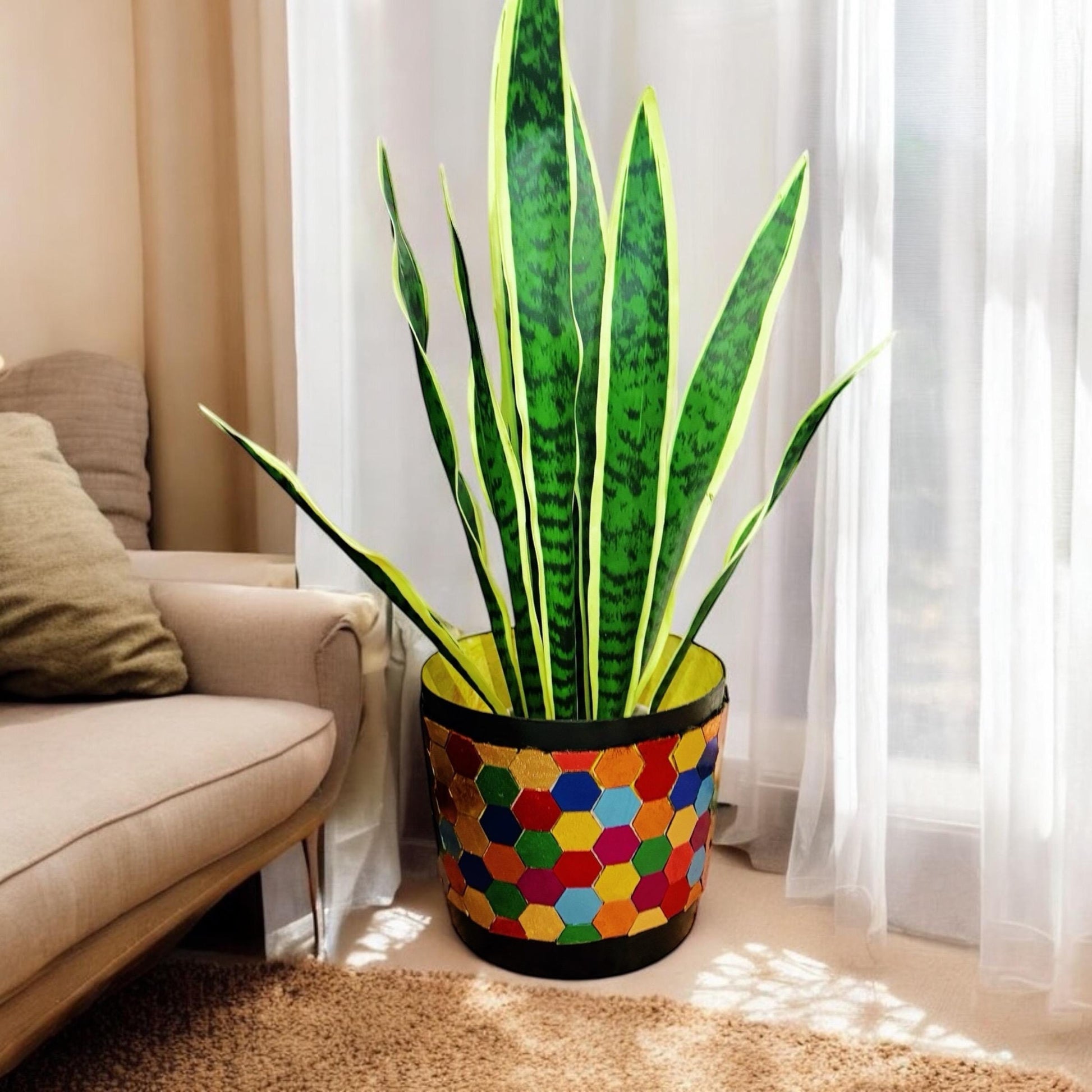 Colorful flower bouquet in a rainbow mosaic hexagon planter, showcasing vibrant blooms and decorative ceramic design.