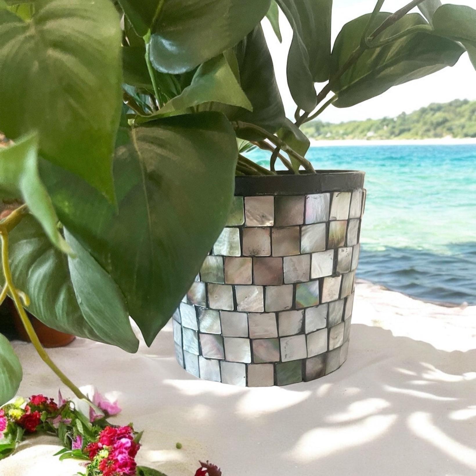 Luminous smoky pearl mosaic vase with intricate glass tile design, showcasing a glossy, elegant ceramic finish.