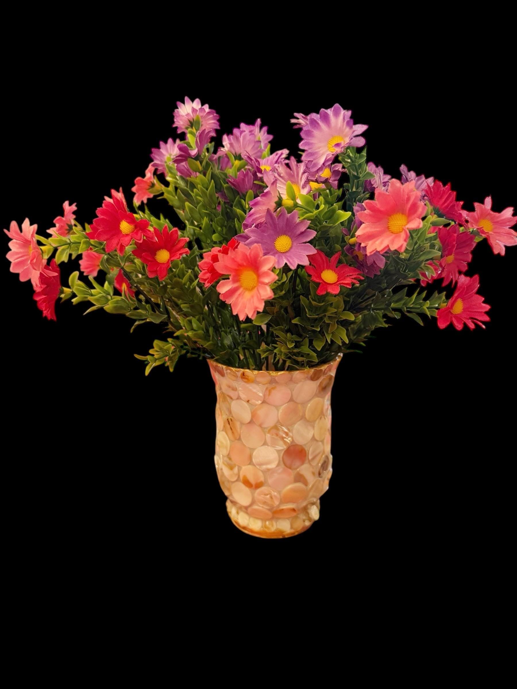 Handcrafted scalloped Capiz shell mosaic vase with intricate design, showcasing a glossy, elegant decorative piece.