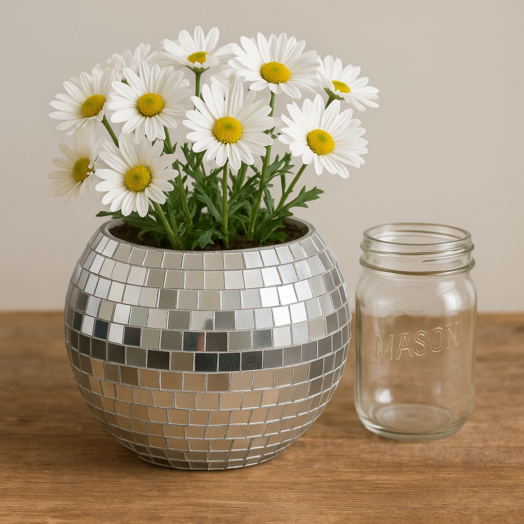 Mirror Ball Disco Globe Vase with reflective, spherical design perfect for modern home decor and floral arrangements.