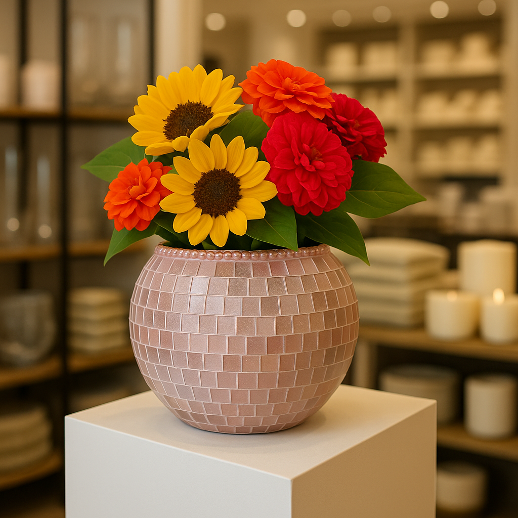 Blush rose mosaic globe vase with intricate tile pattern, perfect for floral arrangements and home decor.