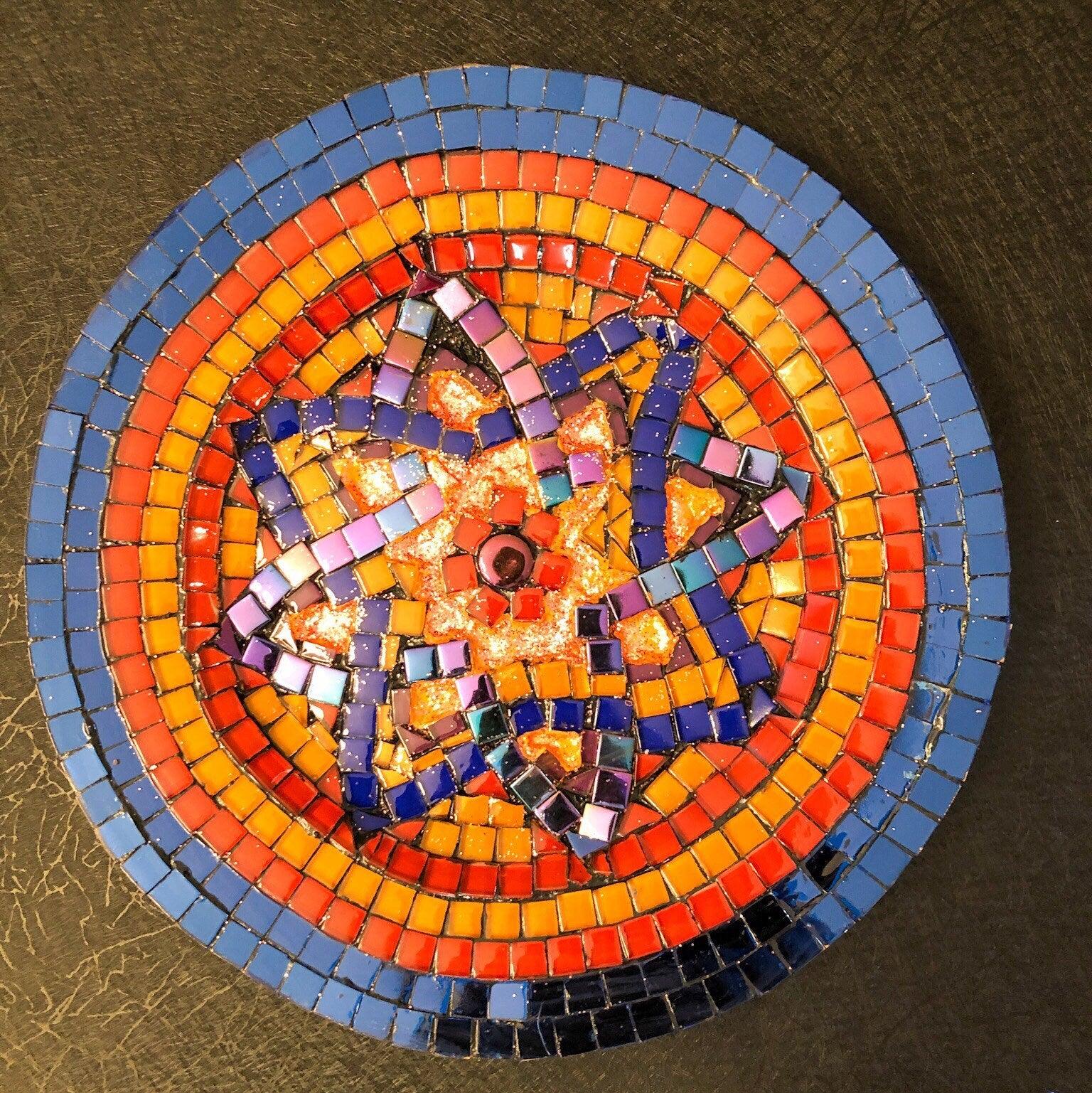 Colorful mid-century modern mosaic decorative plate with geometric patterns and vibrant design, ideal for wall display or tabletop decor.