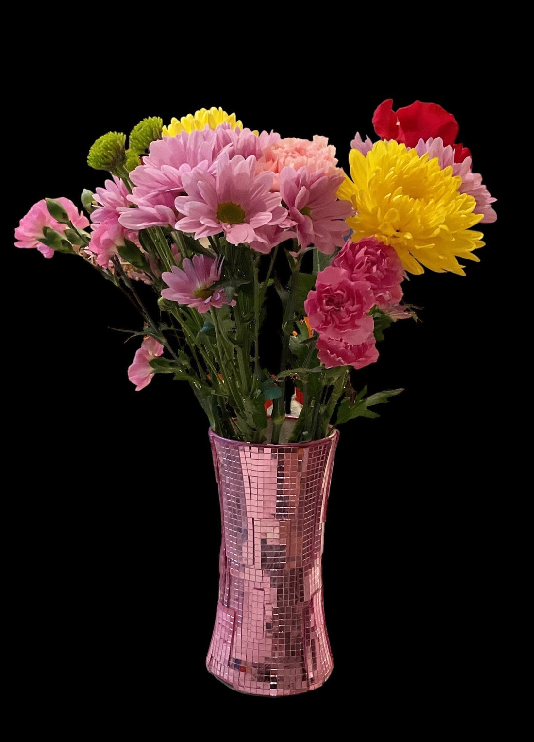 Pink disco ball mirror vase with handcrafted design, featuring reflective surfaces and a rounded shape for decorative display.