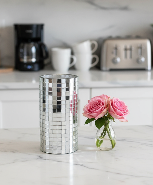 Vase, Mirror Vase, Silver Vase, Mosaic Vase, Candle Holder, Mosaic Candle Holder
