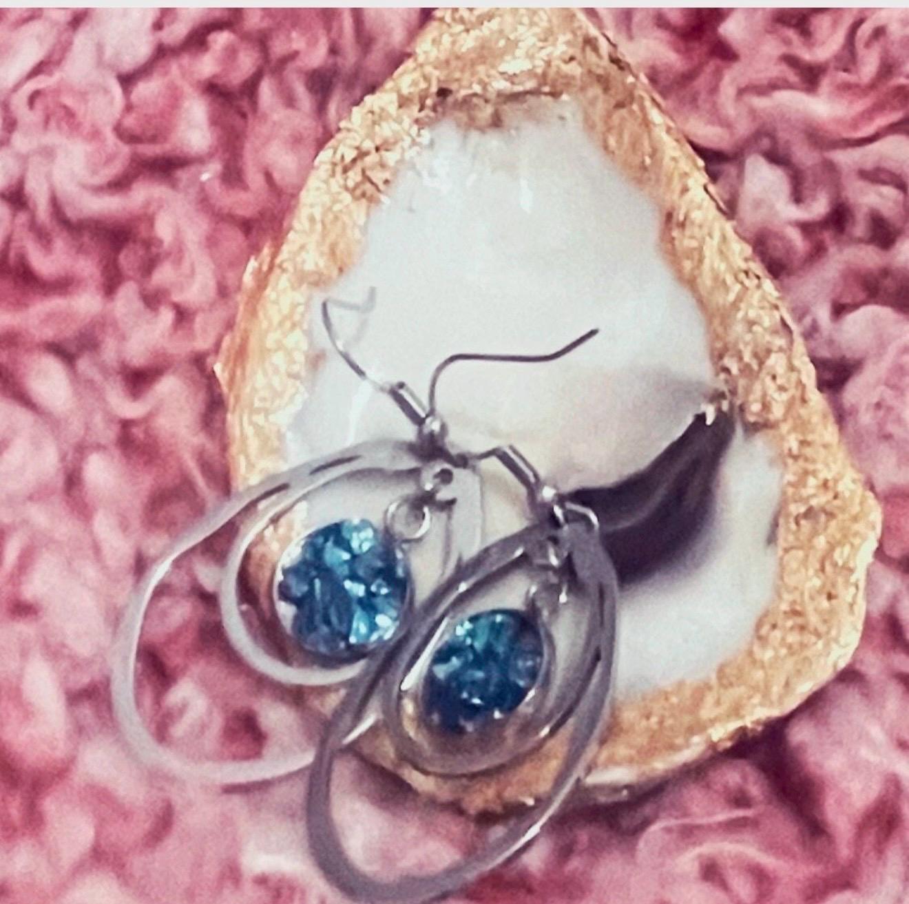 Blue mosaic drusy teardrop earrings with silver hooks, showcasing sparkling textured gemstone surfaces and elegant teardrop shape.